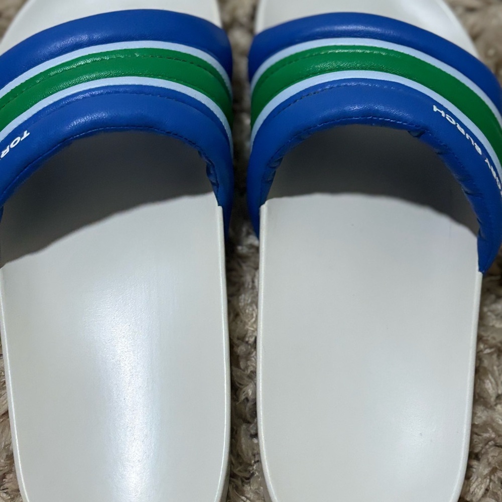 Tory Burch Blue and Green Striped Slides - Picture 10 of 11